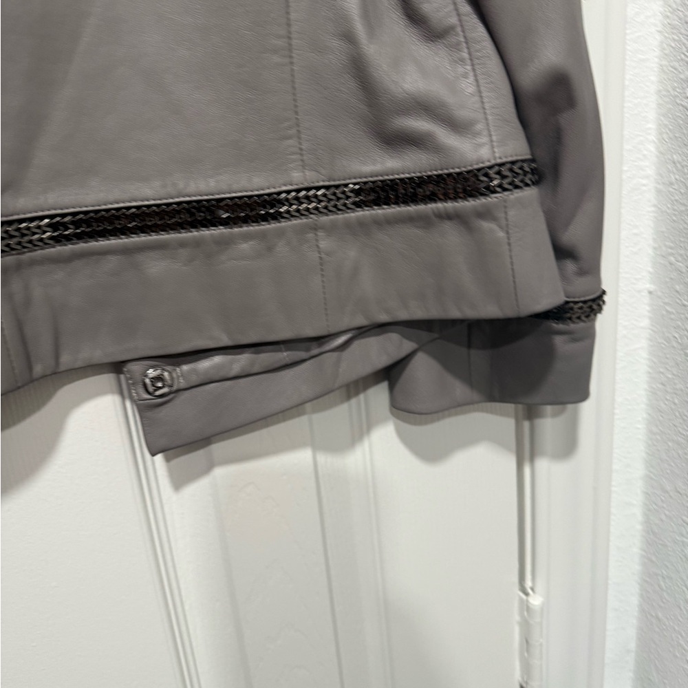 Escada Grey Leather Jacket with Chain Detail - Sz 42 - Picture 6 of 12